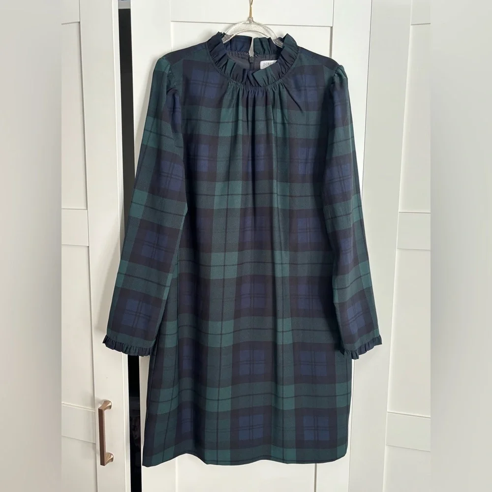 NEW J. Crew Green and Blue Plaid Dress Mockneck Ruffles Tartan Holiday size 6